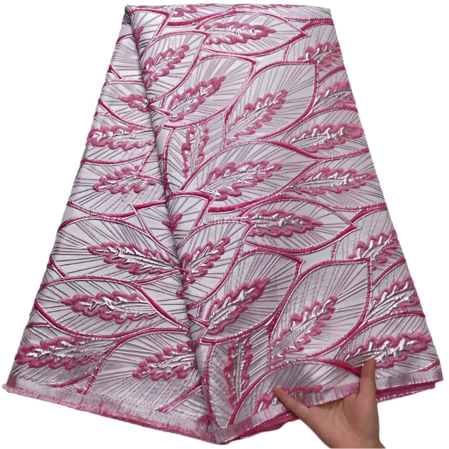 Jacquard Brocade Lace with Leaf Vein Embroidery & Satin Shine in Multitone Layered Finish Berry Rose & Aqua / United