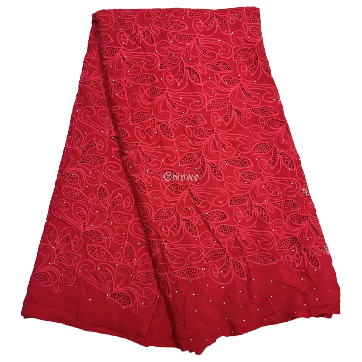 Embroidered Eyelet Lace Fabric with Swirling Leaf & Vine Motif and Crystal Sparkle Accents Lace