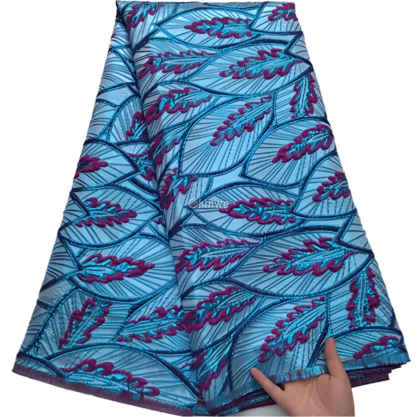 Jacquard Brocade Lace with Leaf Vein Embroidery & Satin Shine in Multitone Layered Finish Sky Teal & Orchid / United