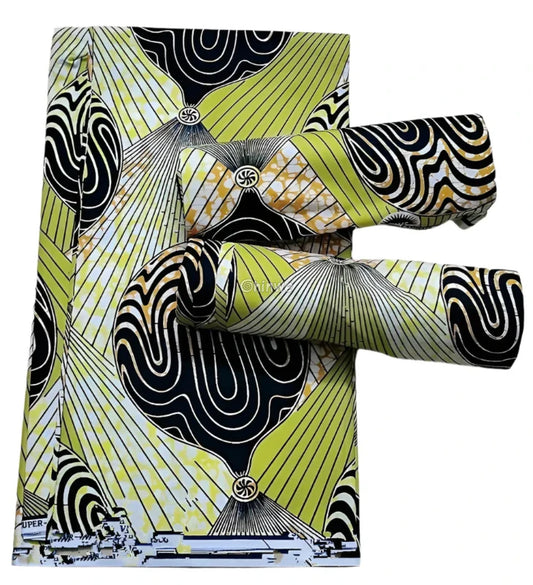 Lime Green and Black Abstract Ankara Wax Print Fabric Bold Geometric Design
