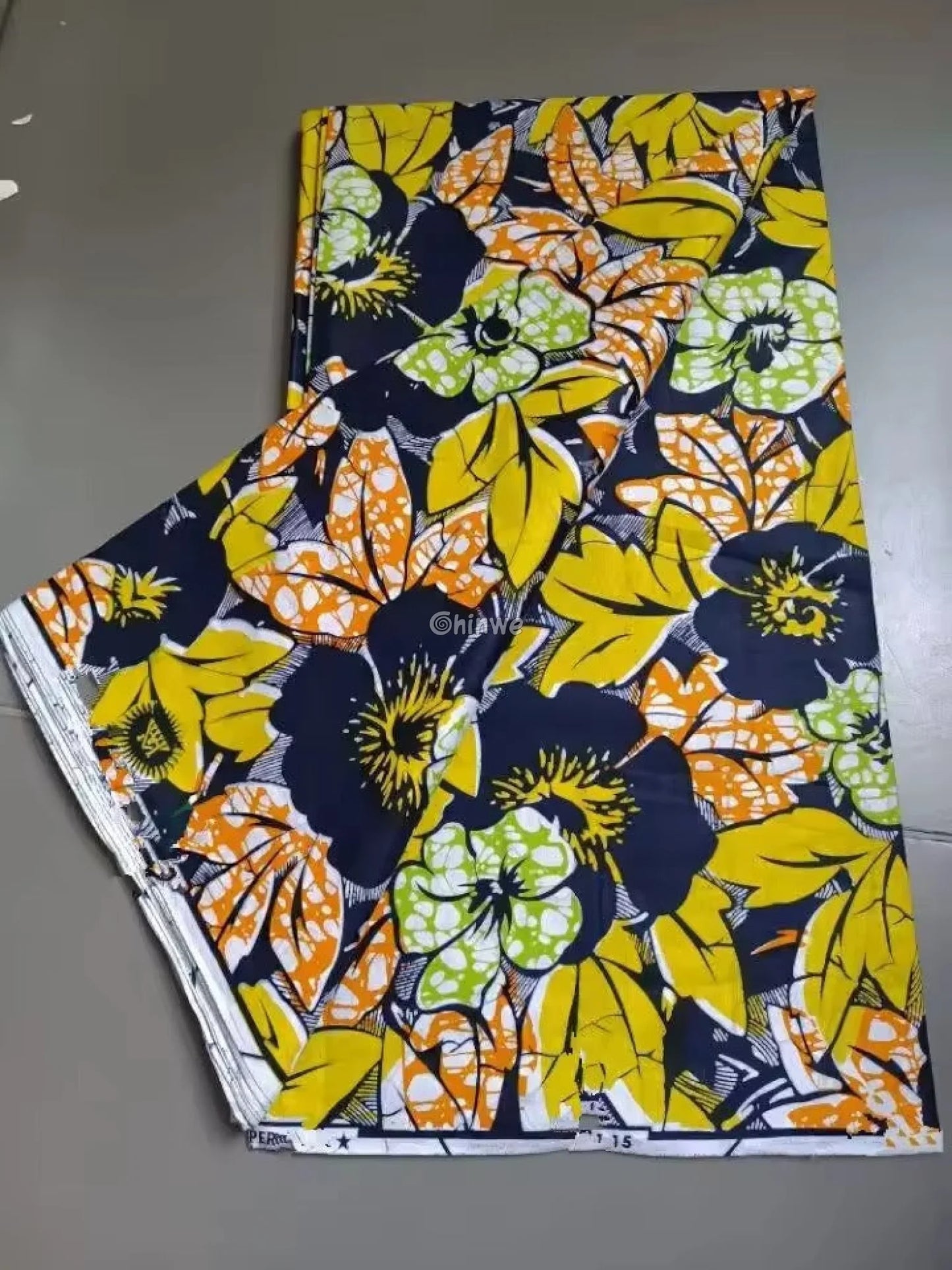 Navy Blue and Yellow Floral Ankara Wax Print Fabric Bold Leaf Design