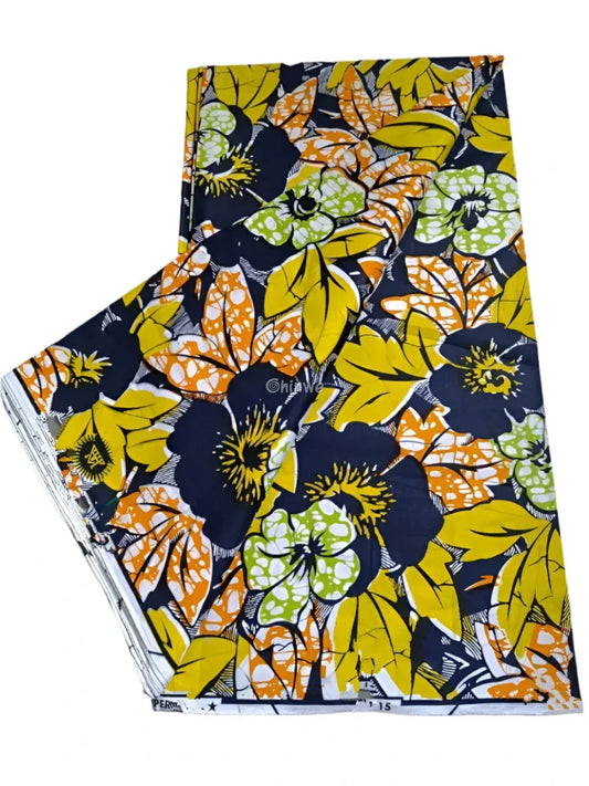 Navy Blue and Yellow Floral Ankara Wax Print Fabric Bold Leaf Design