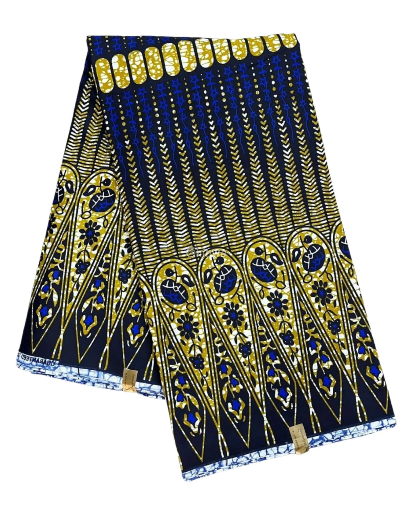Navy and Gold Ankara Wax Print with Floral Bird Motif