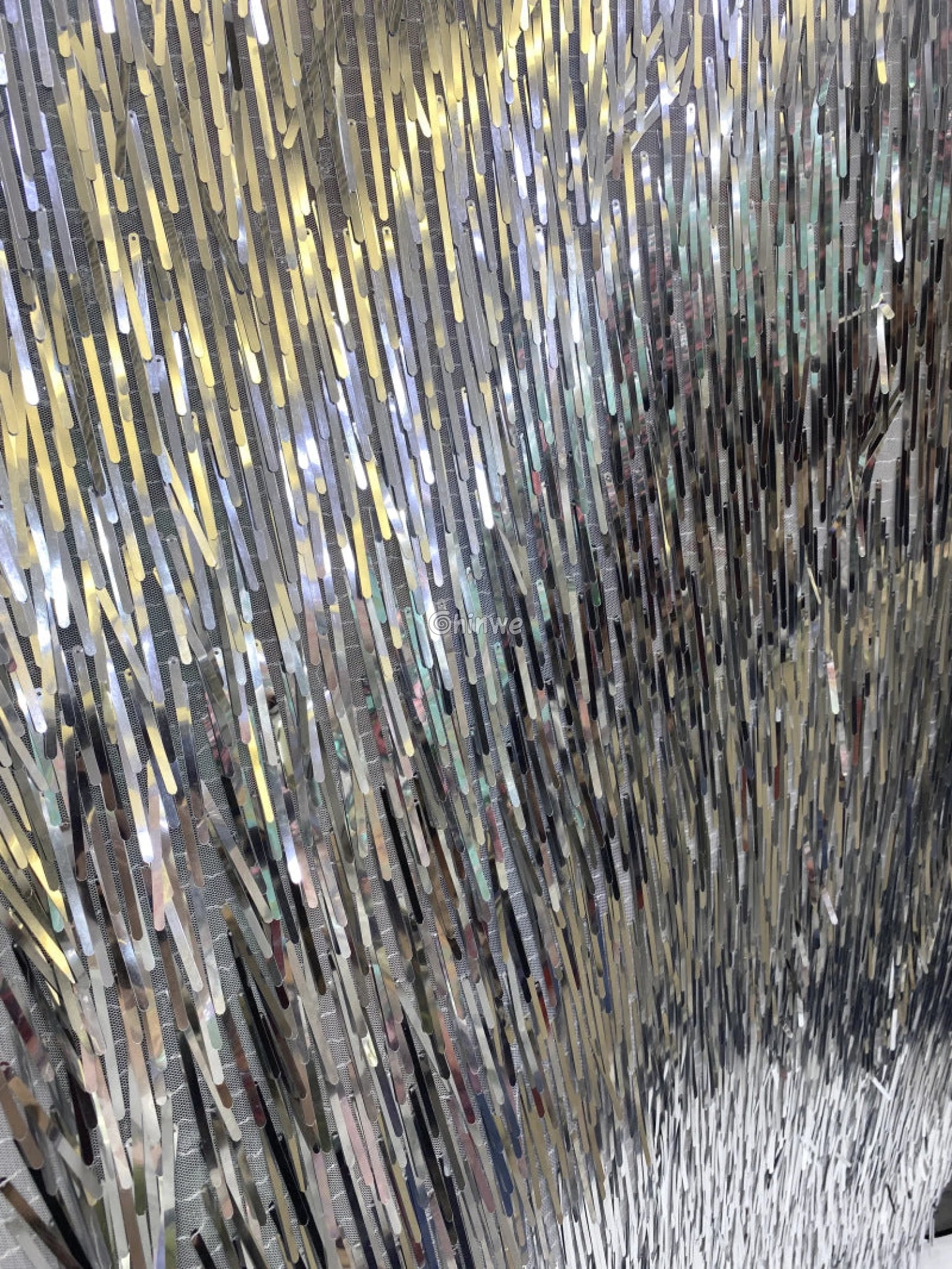 Iridescent Sequin Tinsel Fringe Fabric with Layered Shimmer Strips and Sheer Mesh Base Lace