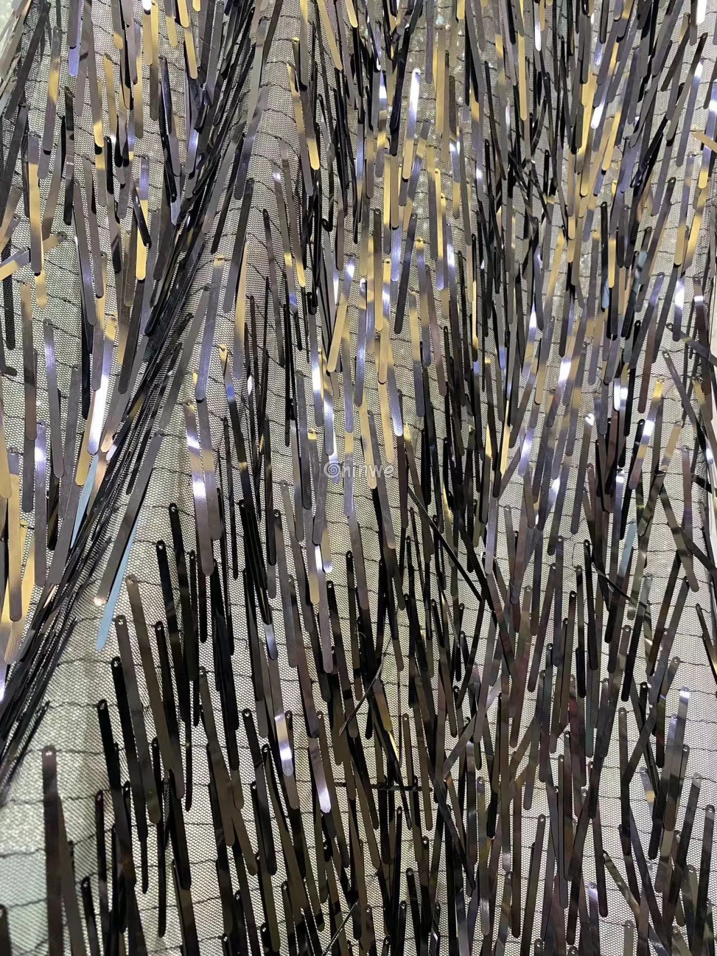 Iridescent Sequin Tinsel Fringe Fabric with Layered Shimmer Strips and Sheer Mesh Base Lace