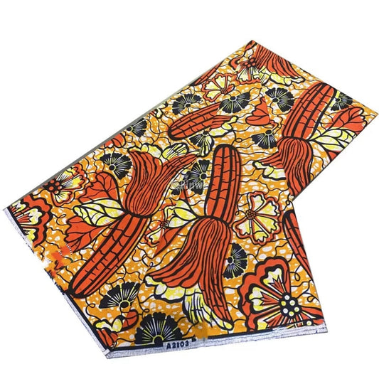 Orange Ankara Fabric with Red Floral and Corn Design