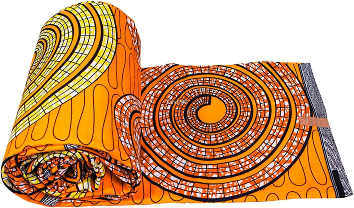 Orange Circle Ankara Wax Print Fabric with Geometric Design