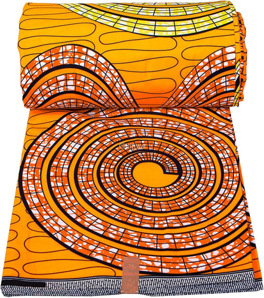 Orange Circle Ankara Wax Print Fabric with Geometric Design
