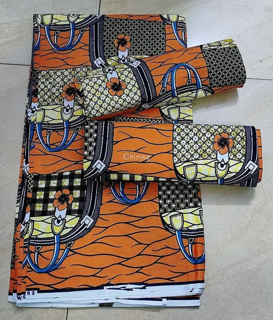 Orange and Black Checkered Ankara Wax Print Fabric with Bag and Flower Design