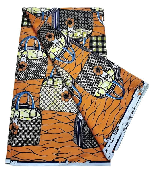 Orange and Black Checkered Ankara Wax Print Fabric with Bag and Flower Design