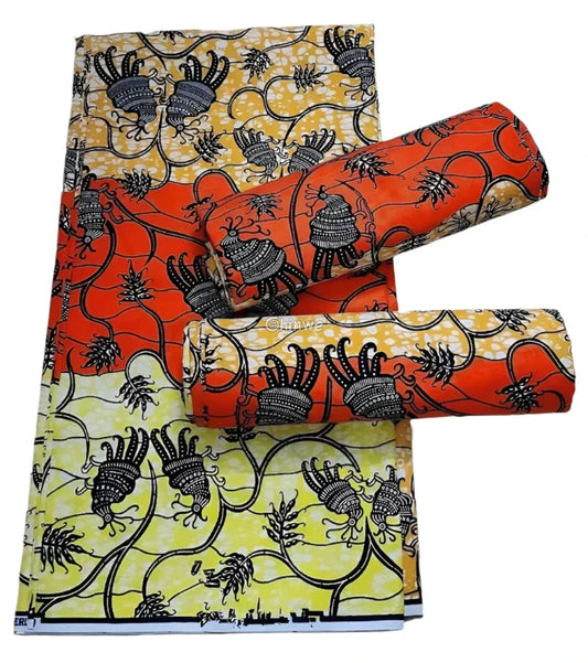 Orange and Yellow Floral Ankara Wax Print Fabric with Abstract Plant Design