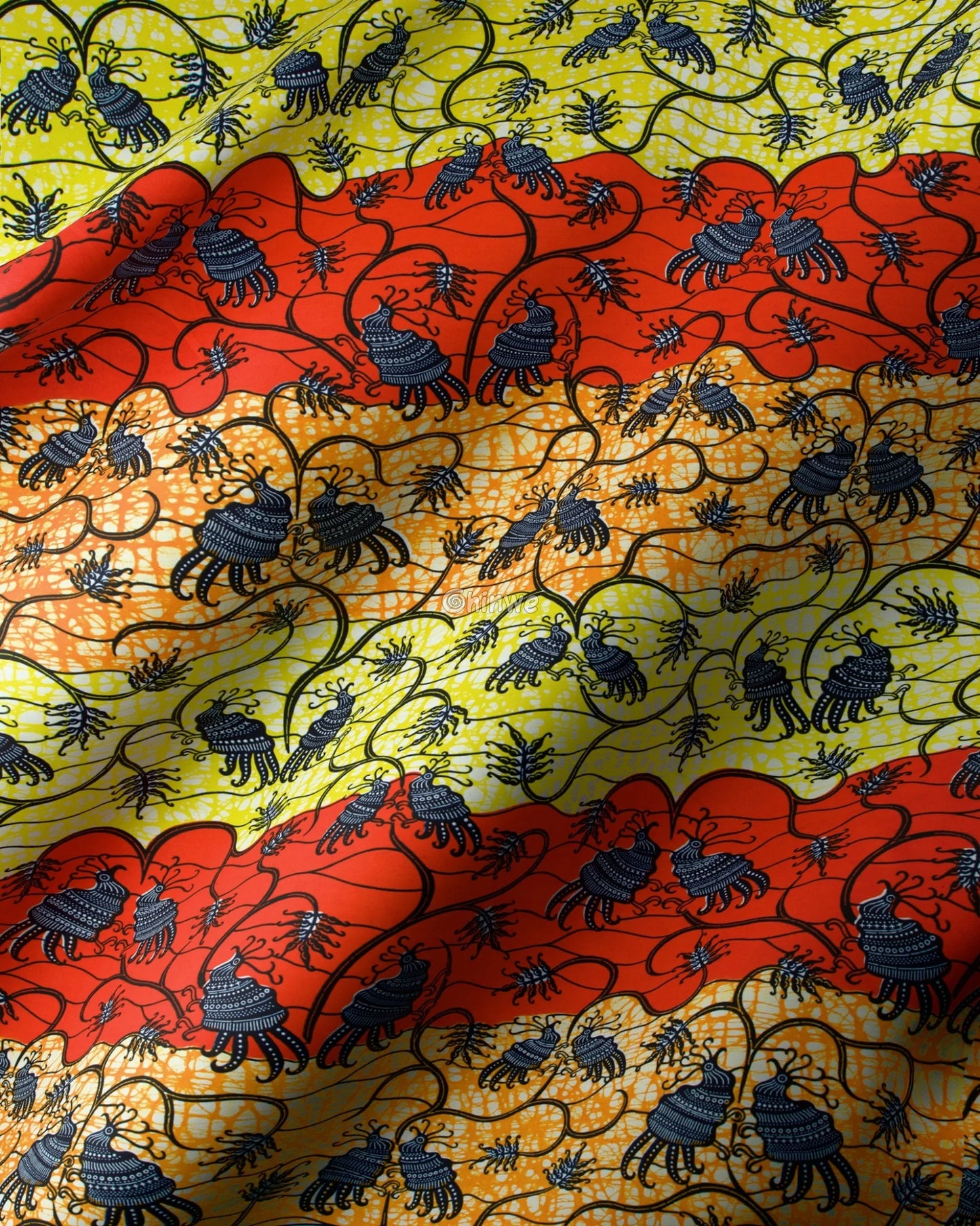 Orange and Yellow Floral Ankara Wax Print Fabric with Abstract Plant Design