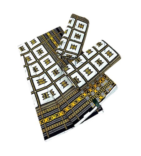 White & Gold Window Ankara Wax Print Fabric – Navy & Yellow Border, 100% Cotton