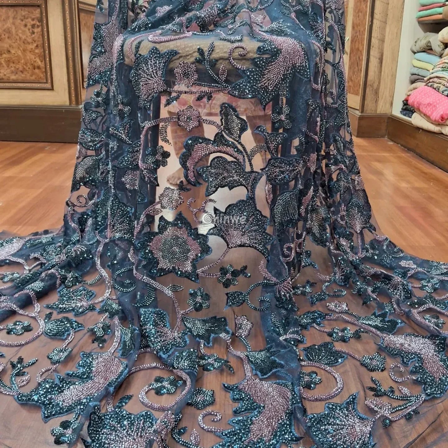 3D Floral Beaded Tulle Lace with Hand Embroidery & Sequins on Mesh Net Base Lace