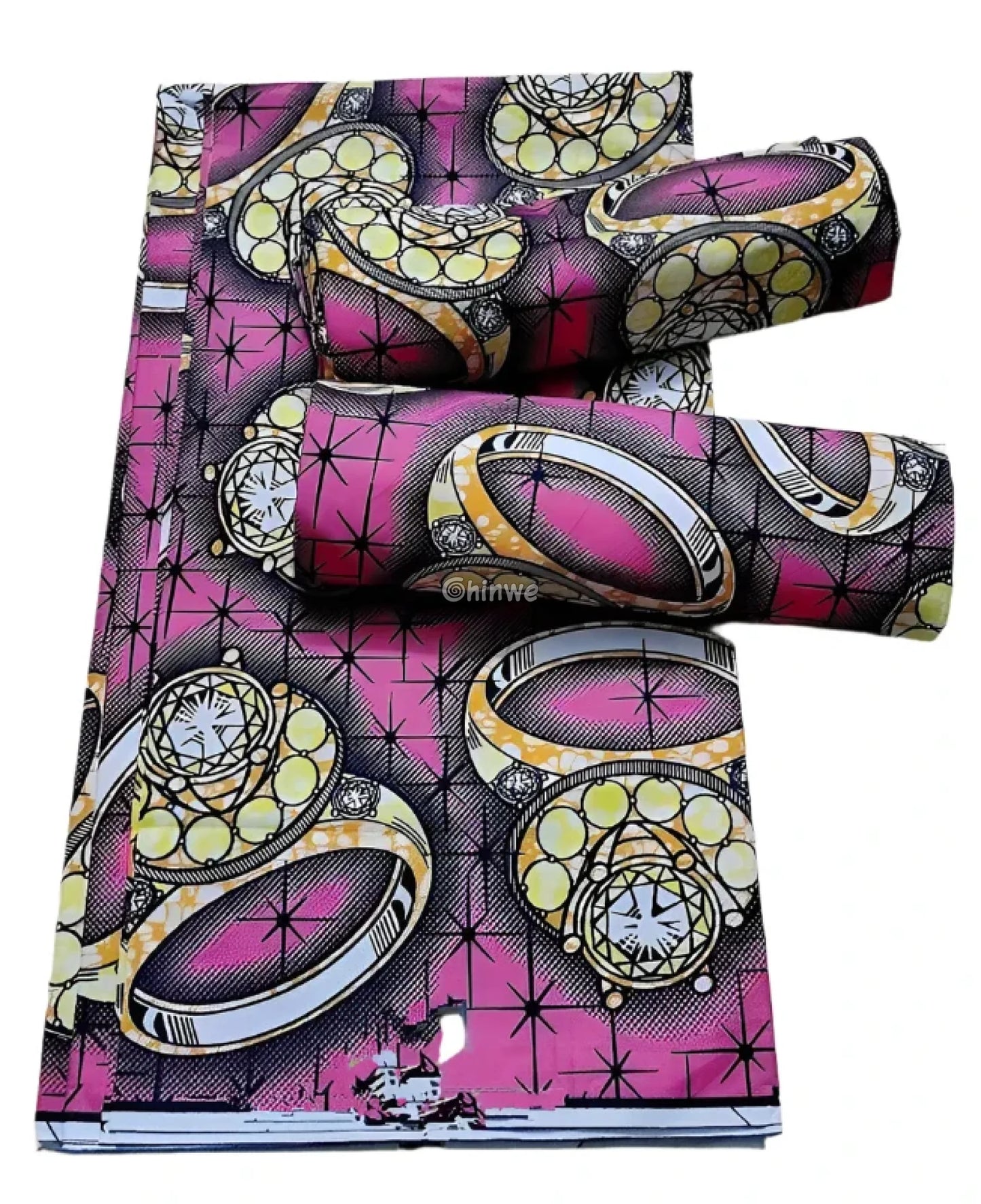 Pink and Yellow Rings Ankara Wax Print Fabric with Starry Pattern