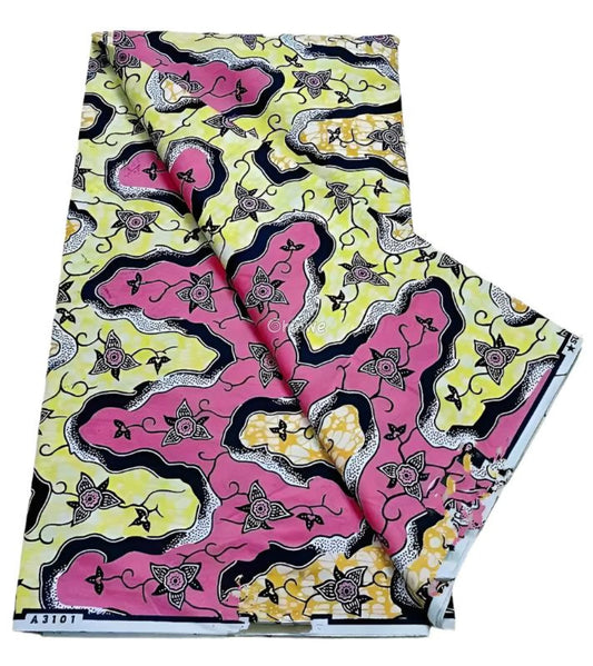 Pink and Yellow Floral Ankara Wax Print Fabric with Wavy Abstract Design