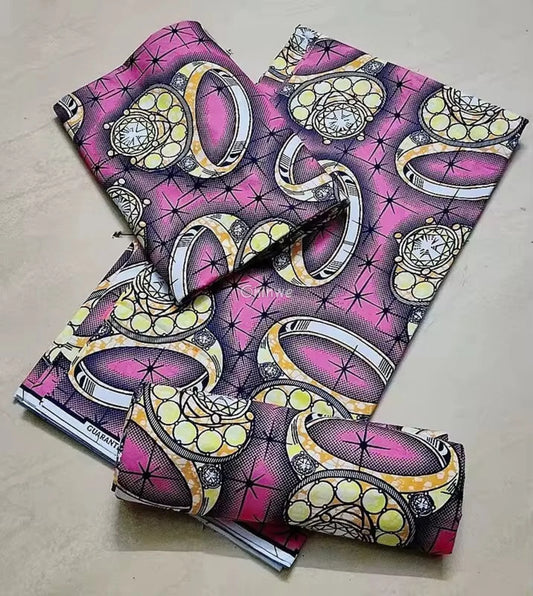 Pink and Yellow Rings Ankara Wax Print Fabric with Starry Pattern
