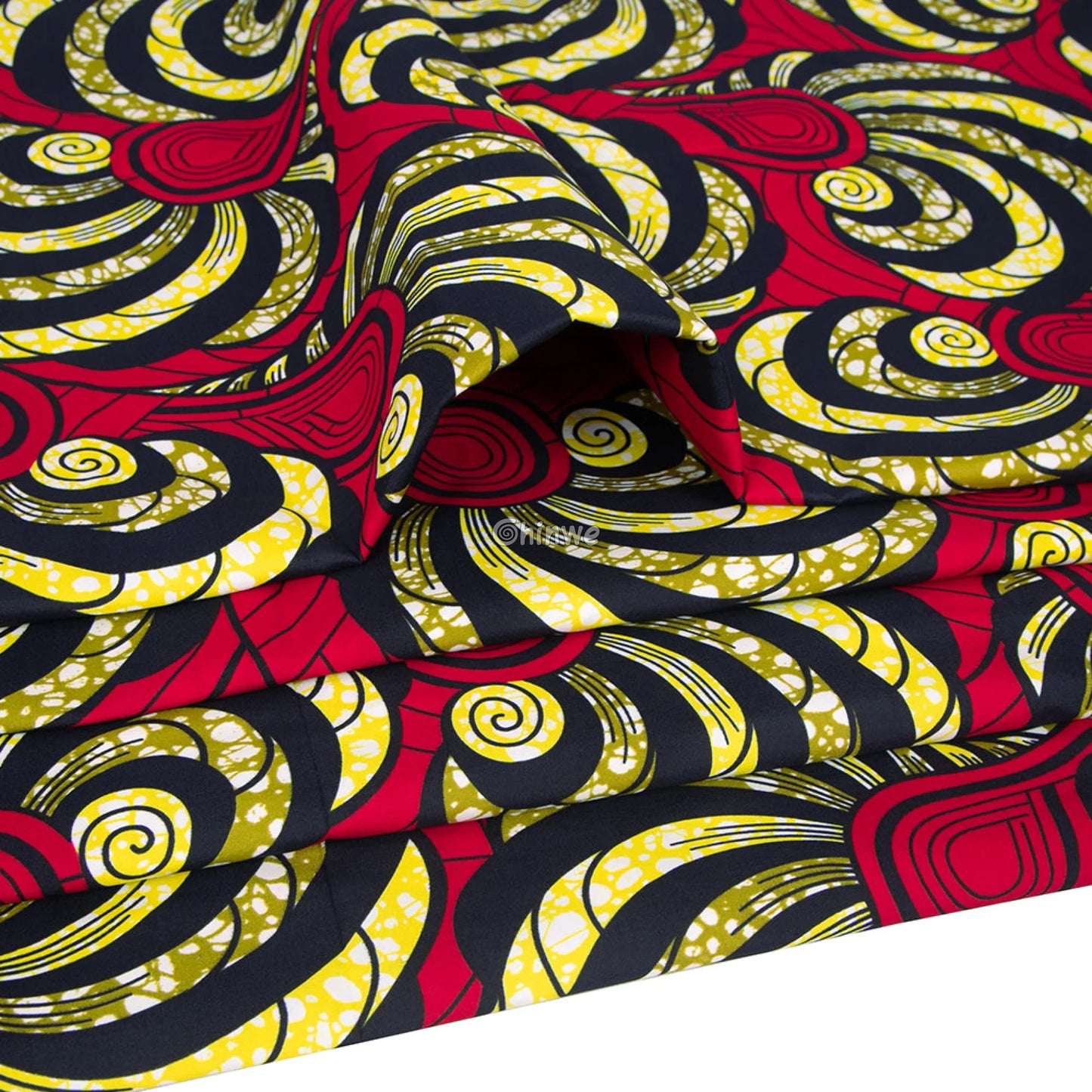 Red Ankara Wax Print Fabric with Spiral Yellow and Black Patterns