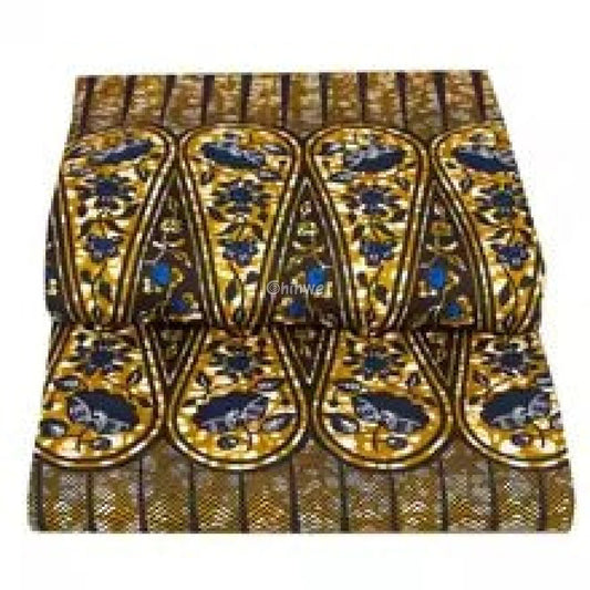 Navy and Gold Ankara Wax Print with Floral Bird Motif