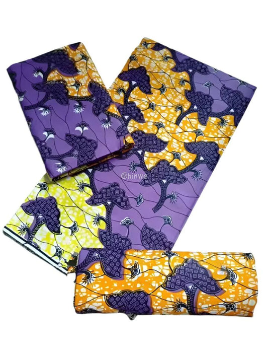 Purple and Yellow Floral Ankara Wax Print Fabric Abstract Leaf Patterns