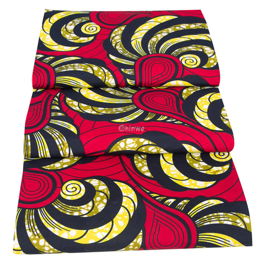 Red Ankara Wax Print Fabric with Spiral Yellow and Black Patterns
