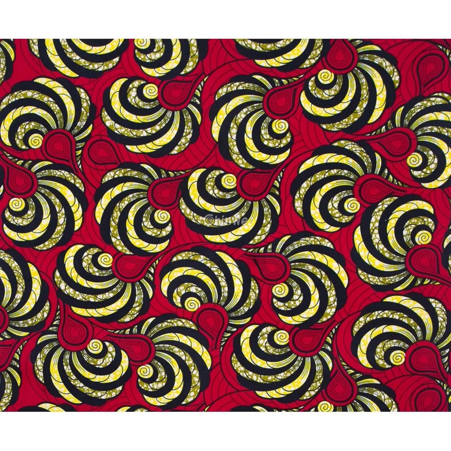 Red Ankara Wax Print Fabric with Spiral Yellow and Black Patterns