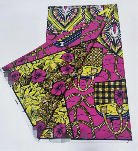 Red and Yellow Abstract Ankara Wax Print Fabric with Floral and Checkered Design