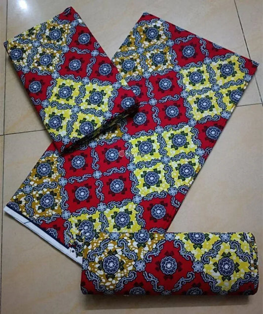 Red and Yellow Geometric Ankara Wax Print Fabric with Ornamental Design