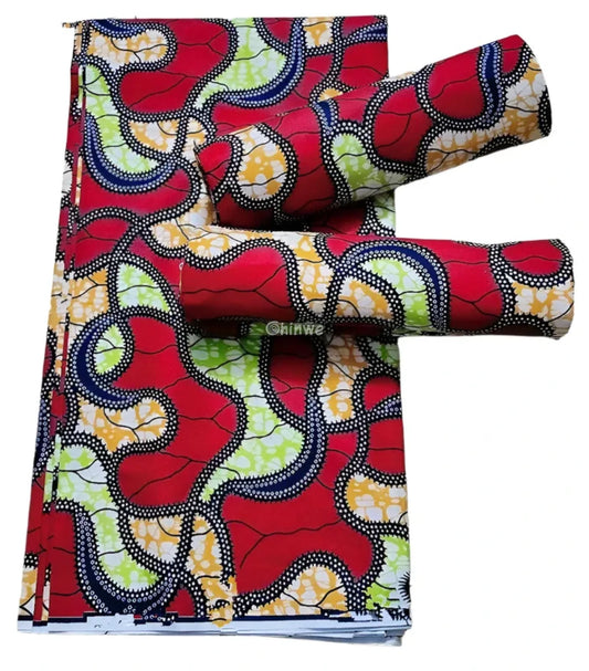 Red and Green Abstract Ankara Wax Print Fabric with Curved Line Design