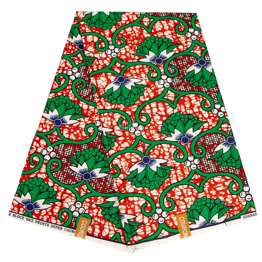 Red and Green Ankara Wax Print Fabric with Floral Design