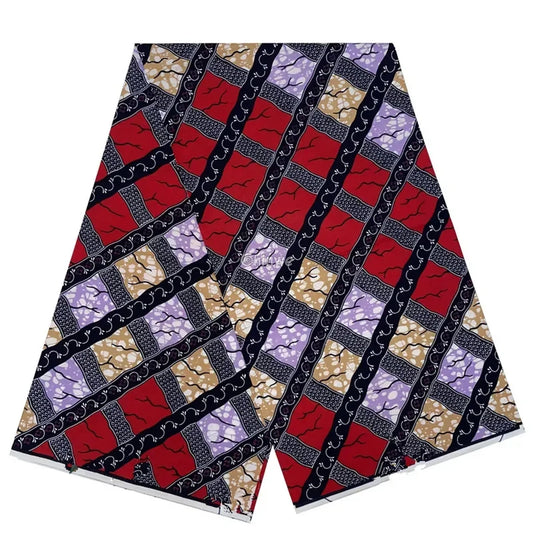 Red and Lavender Striped Ankara Wax Print Fabric with Geometric Design