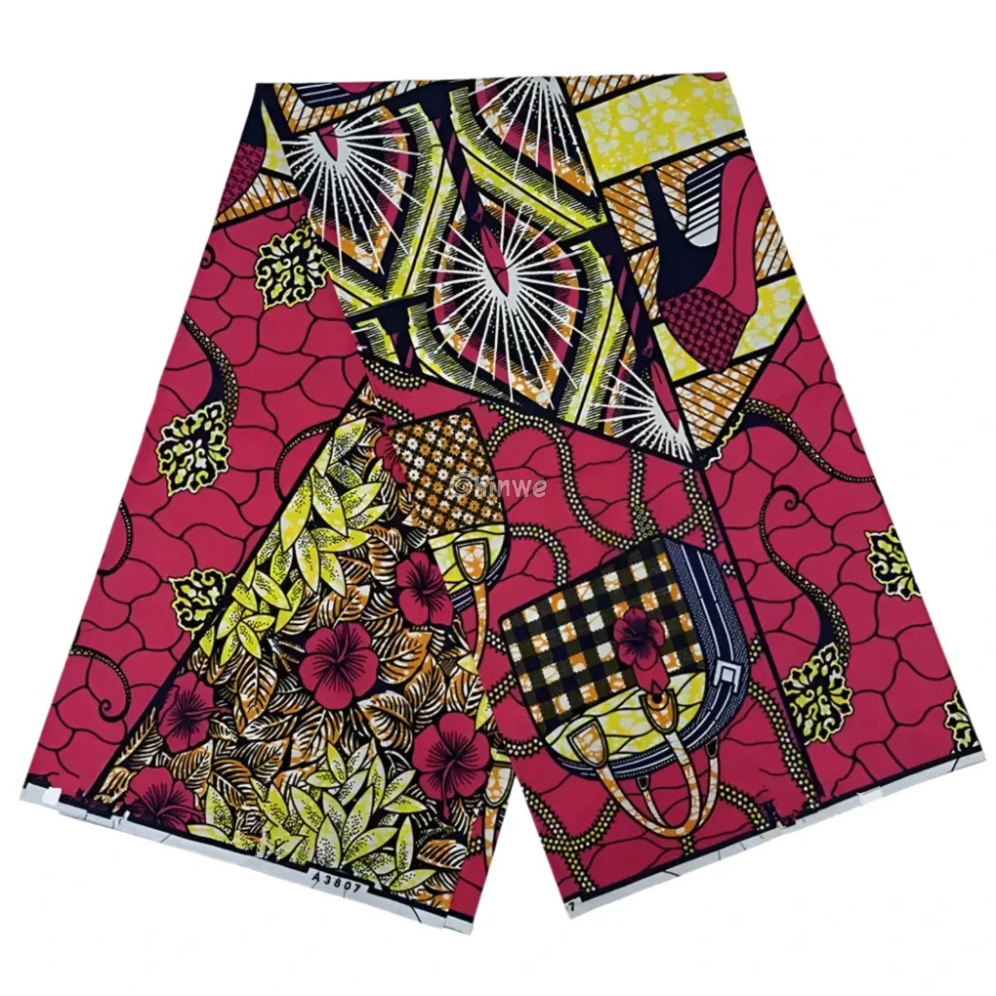 Red and Yellow Abstract Ankara Wax Print Fabric with Floral and Checkered Design