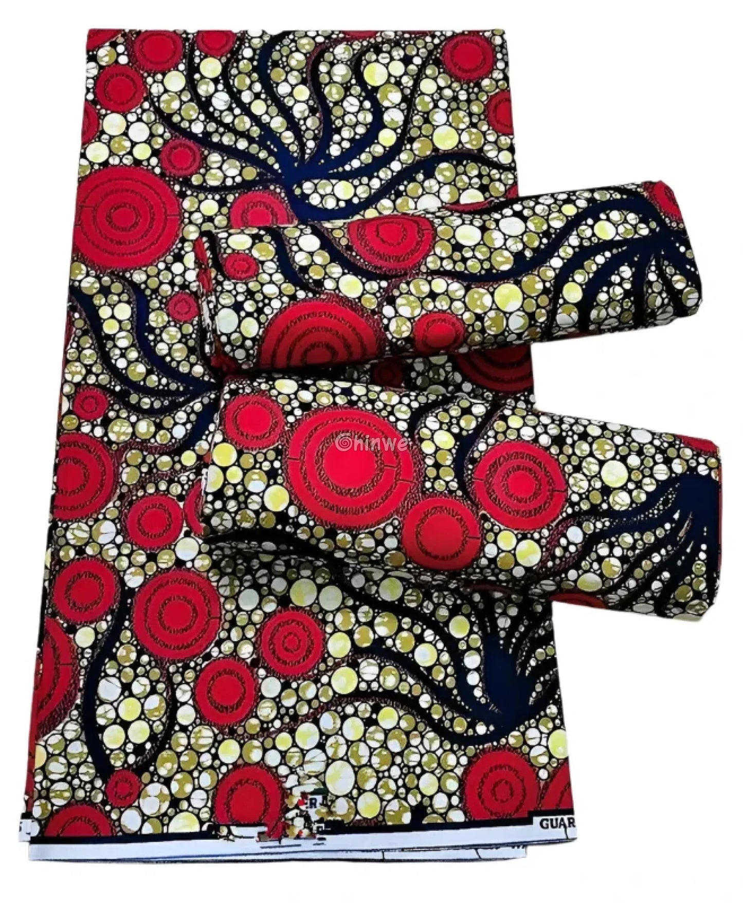 Red and Yellow Circular Ankara Wax Print Fabric with Bold Wave Design
