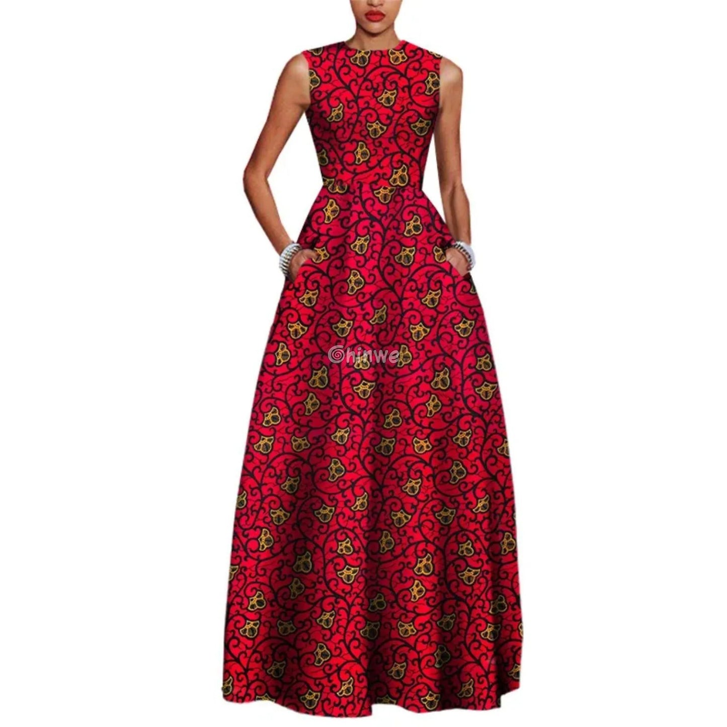 Zara Sleeveless Fit & Flare Ankara Maxi Party Dress - Crimson Floral / Customized - Women’s Clothing