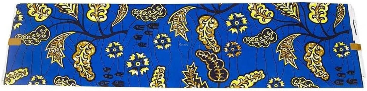 Royal Blue Ankara Wax Print Fabric with Gold Floral Patterns