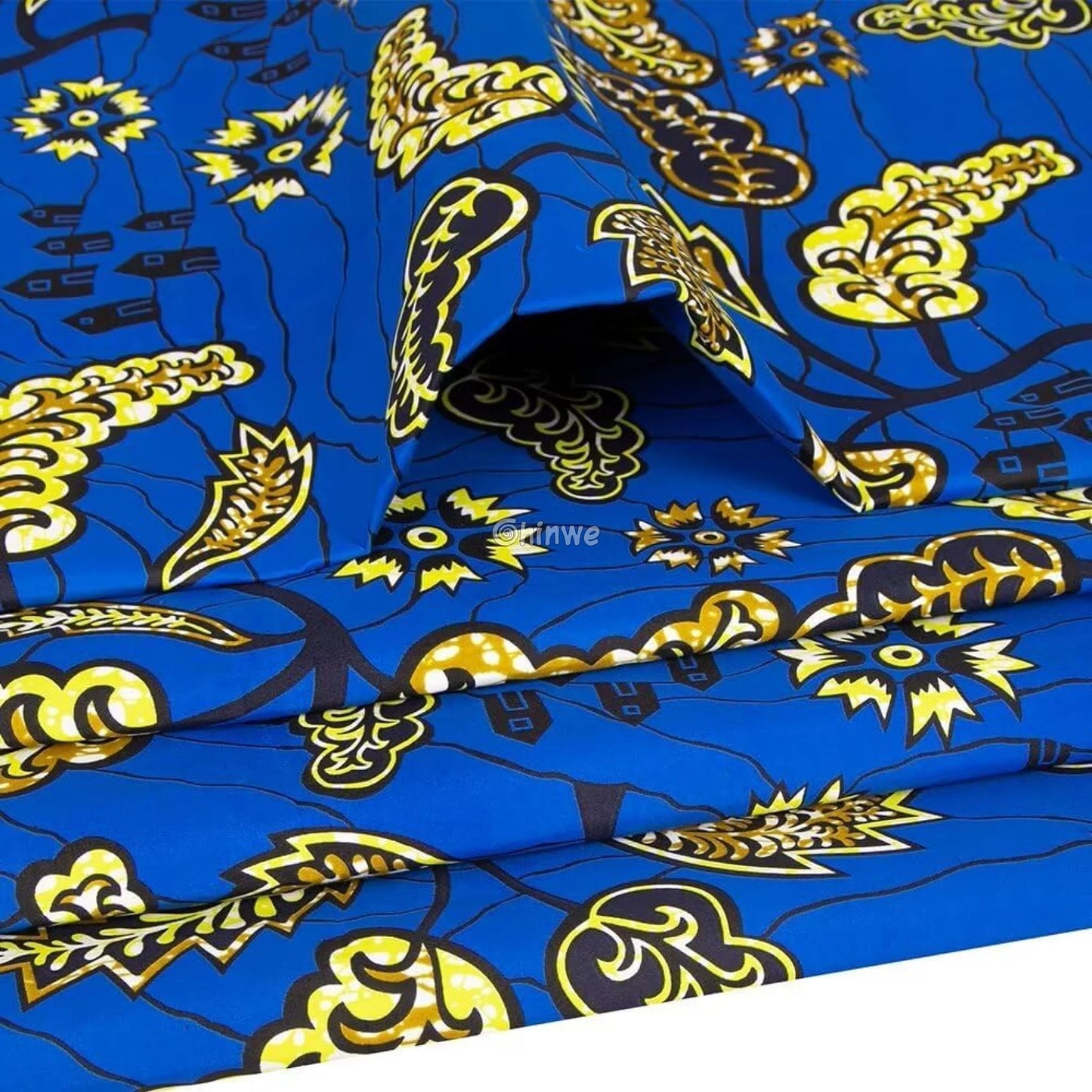 Royal Blue Ankara Wax Print Fabric with Gold Floral Patterns