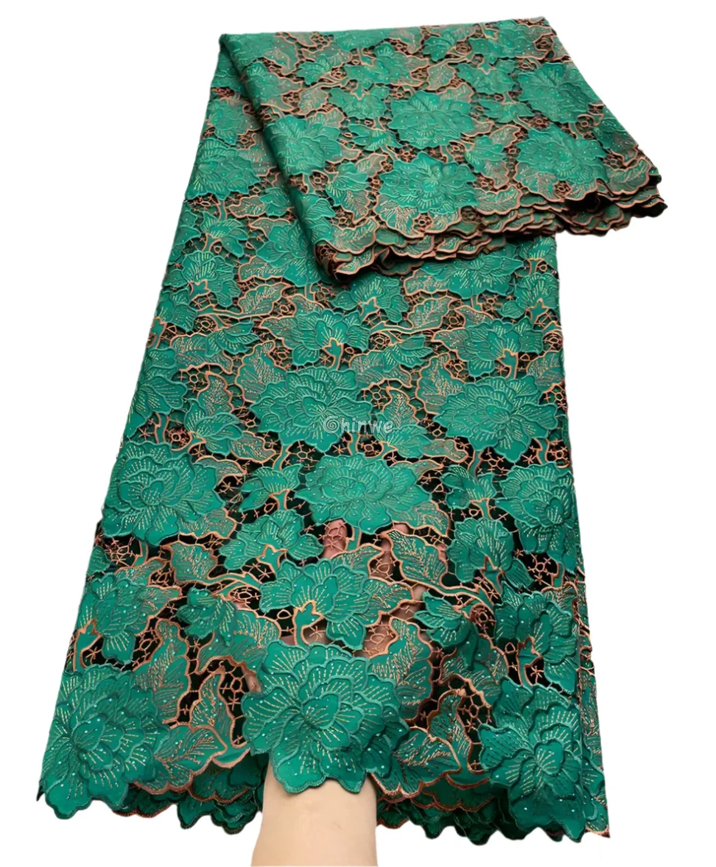 Luxury Guipure Lace Fabric – Floral Corded Korean Lace with Czech Stones Green / 5yard Lace