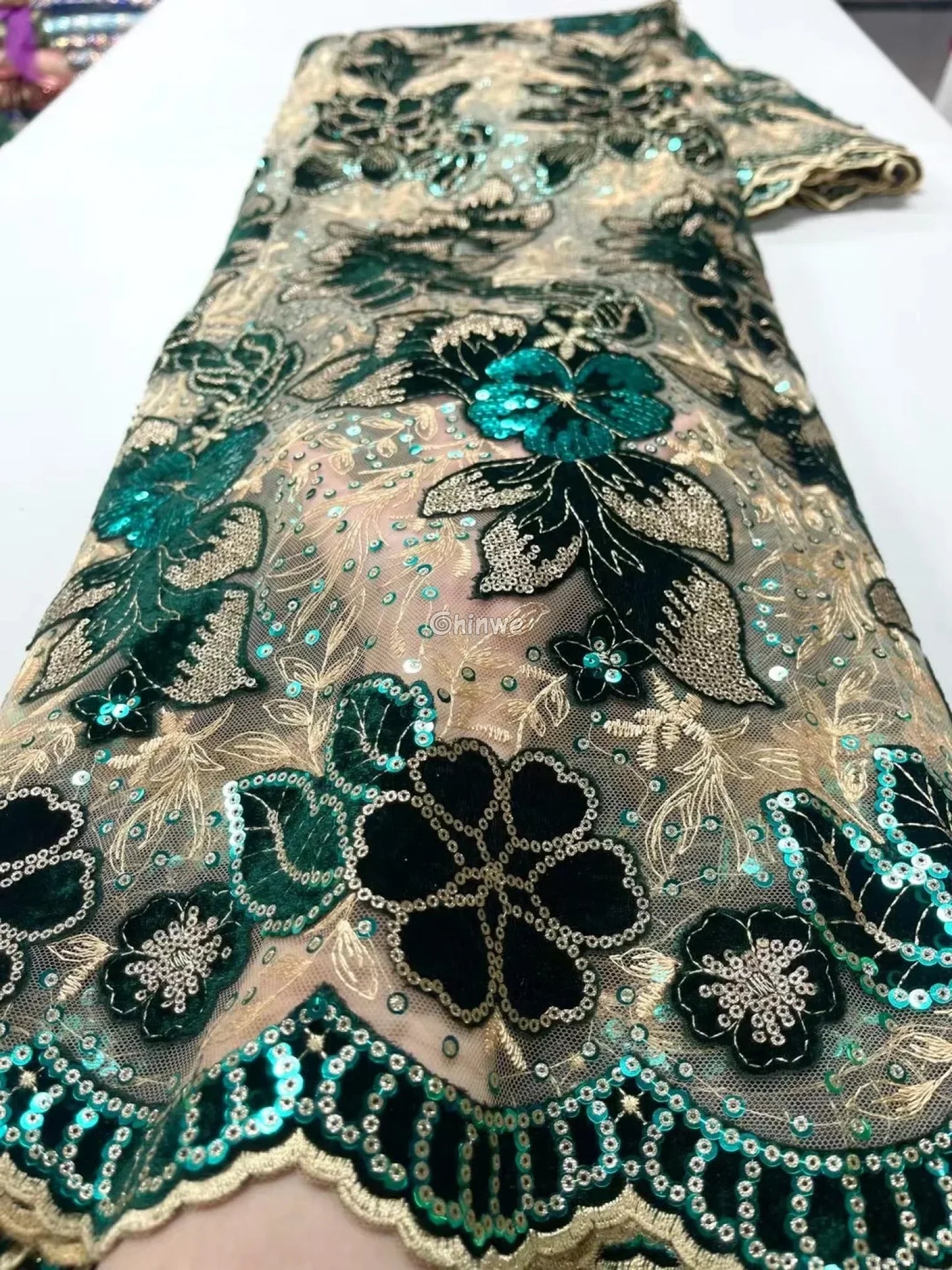 Velvet Lace with Floral Embroidery Sequin Highlights & Scalloped Edge on Sheer Mesh Base Emerald Green & Champagne / 5