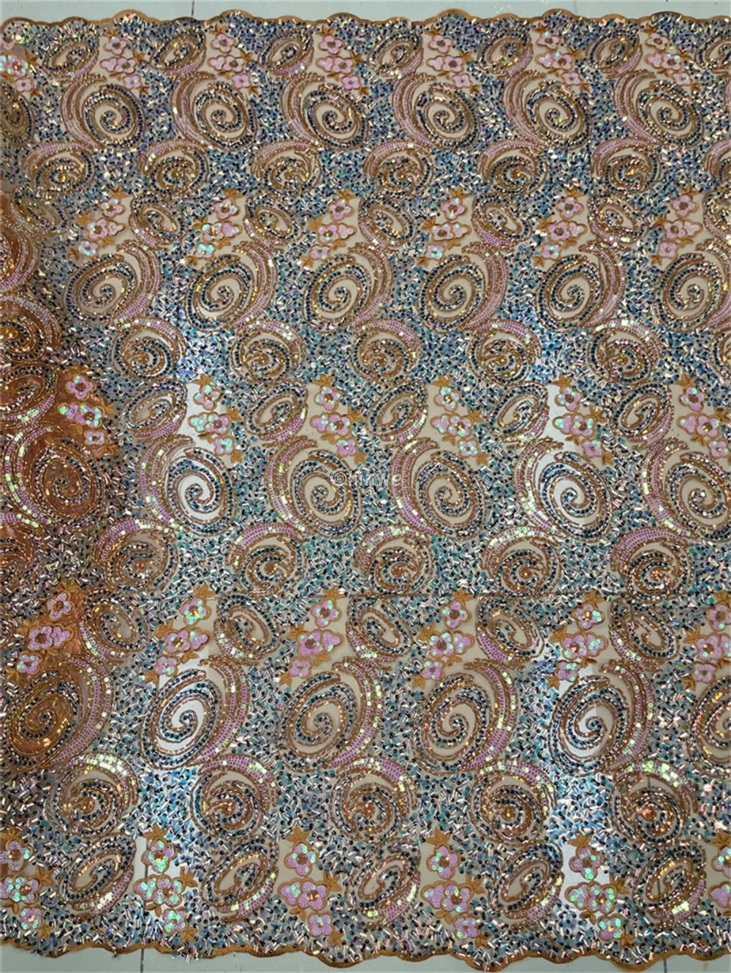 Sequined Spiral Paisley Lace with Beaded Floral Detailing on Sheer Mesh Base African Wax Print Fabric