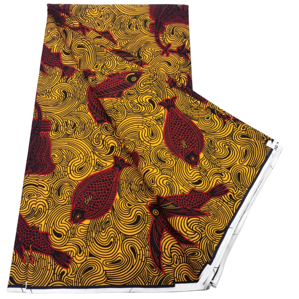 Golden Swirl Fish Ankara Wax Print Fabric – Burgundy Fish, 100% Cotton