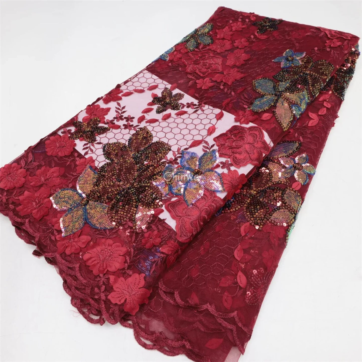 Embroidered 3D Sequin Lace Fabric with Floral Appliqué on Soft Tulle Mesh for Couture Sewing Projects Deep red with