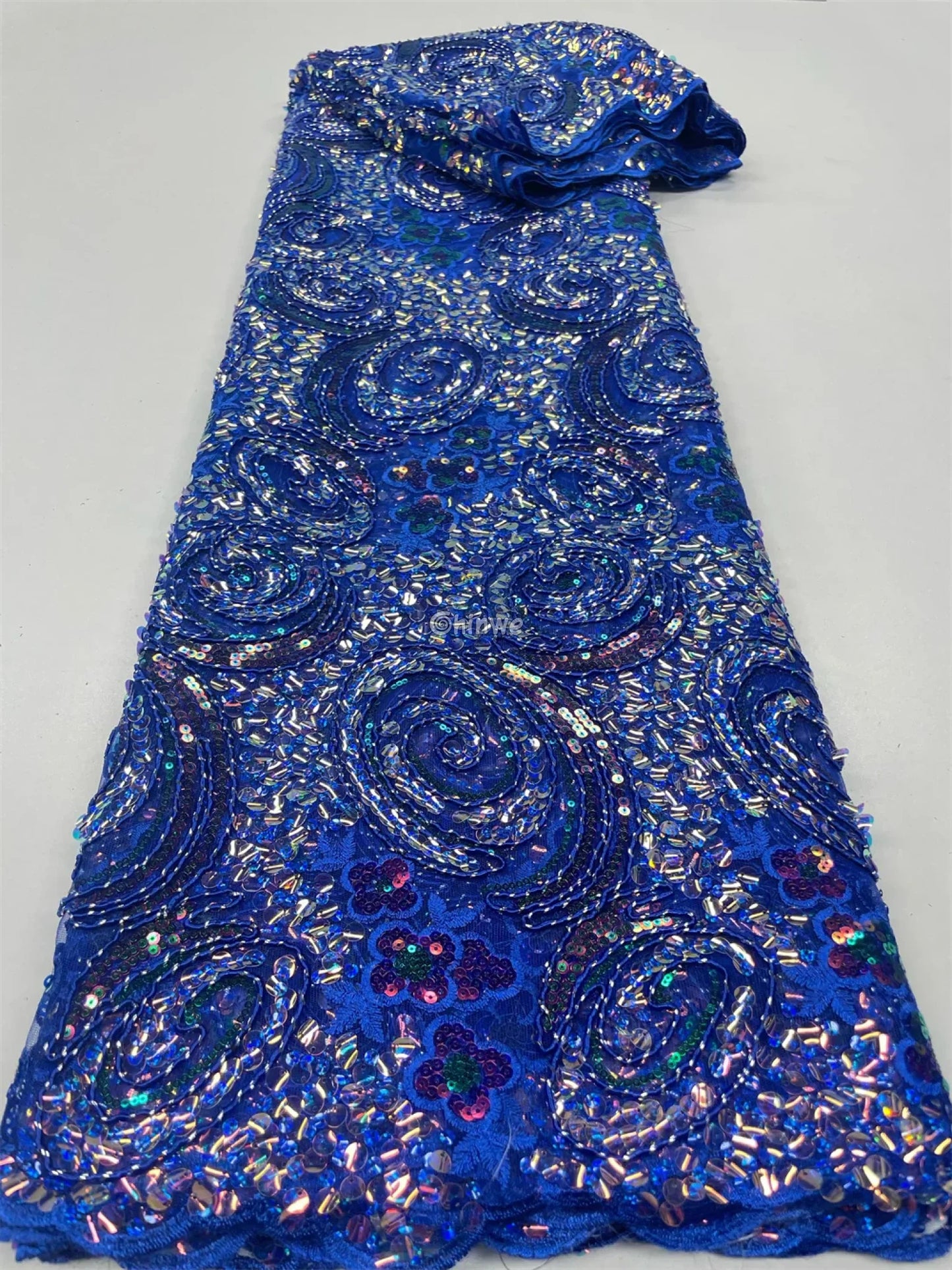 Sequined Spiral Paisley Lace with Beaded Floral Detailing on Sheer Mesh Base Royal blue with peacock swirl sequins / 5
