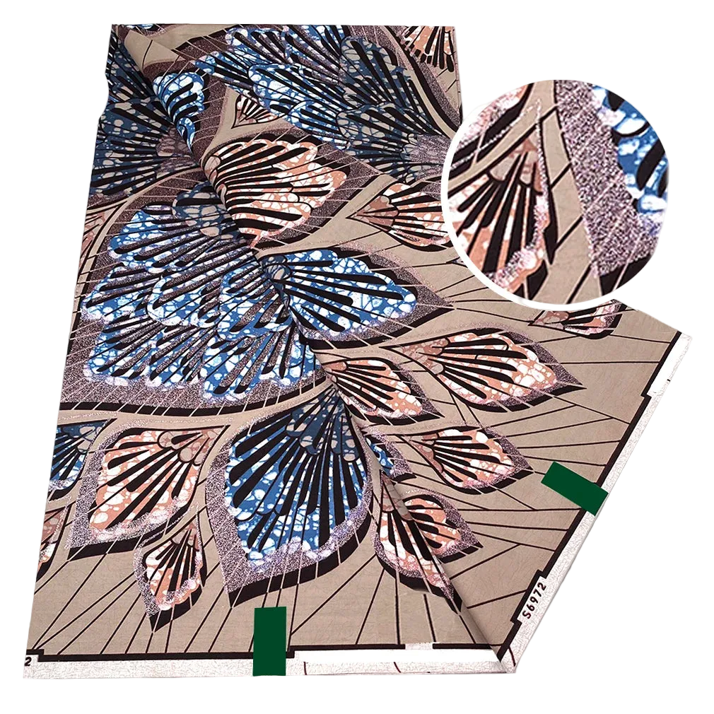 Petal Fan Flash Gold Wax Print – Sky & Bronze, Blush Pink or Taupe & Blue, Grand Super Glitter, 6 Yards