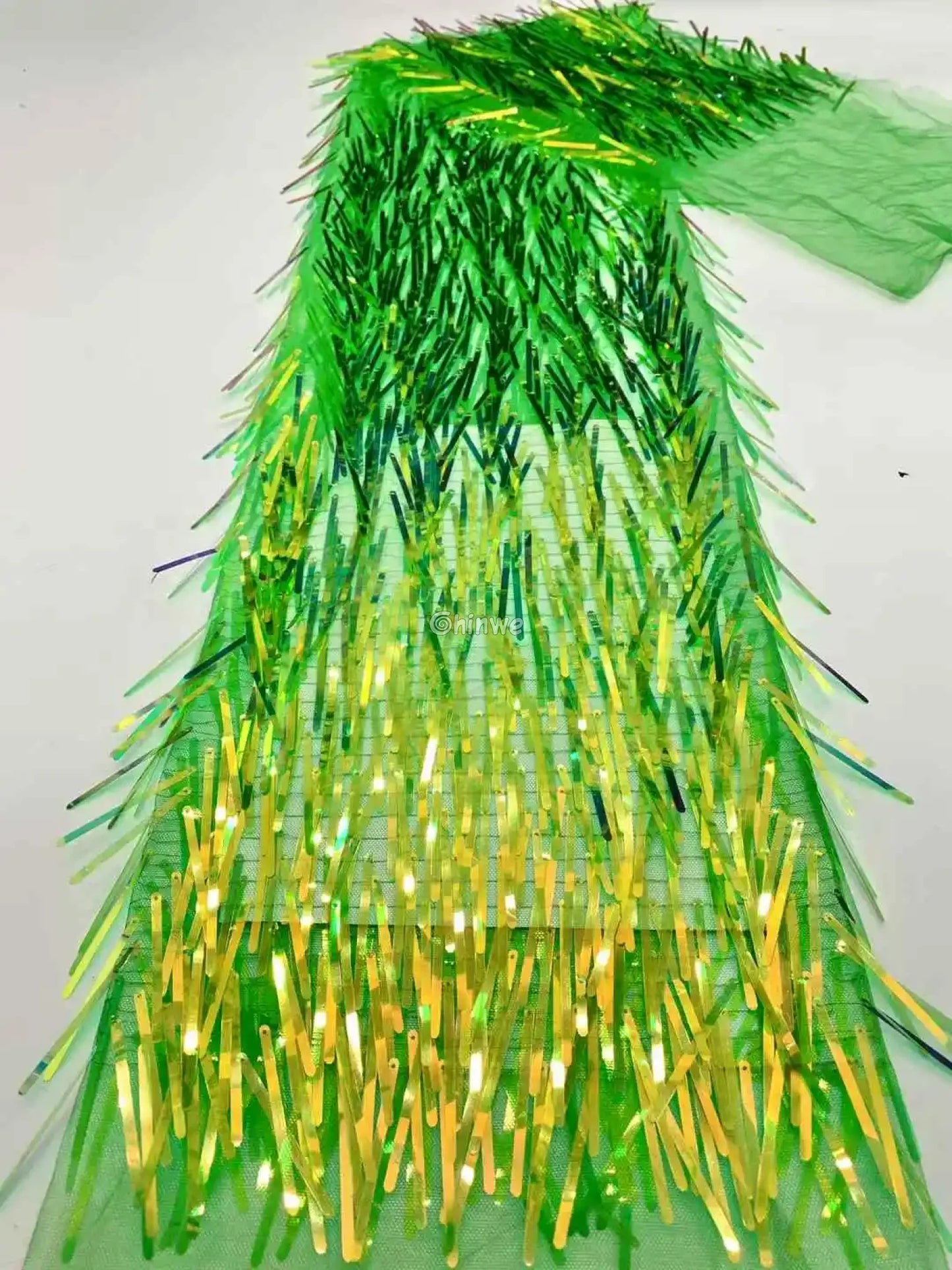 Iridescent Sequin Tinsel Fringe Fabric with Layered Shimmer Strips and Sheer Mesh Base Lime Radiance Fringe / 120cm