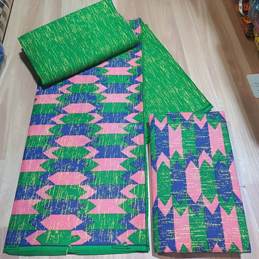 Candy Arrow African Brocade Fabric – Pink Green & Navy Geometric Metallic Jacquard Candy Arrow / 6yards African Wax