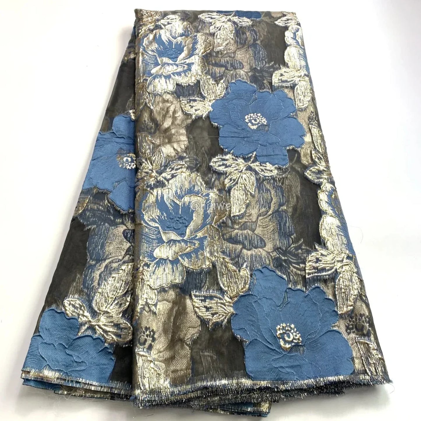 Jacquard Brocade Floral Lace Fabric with Metallic Embroidery and Sheer Mesh Backing Overlay Slightly deeper blue than