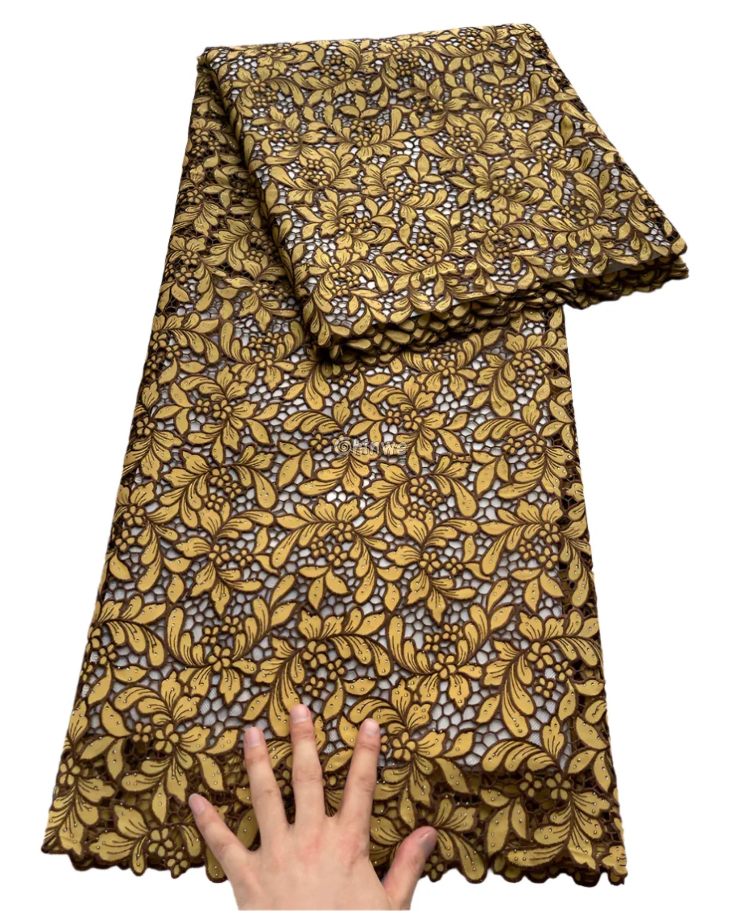 Luxury Guipure Lace Fabric – Floral Corded Korean Lace with Czech Stones Light Gold Brown / 5yard Lace