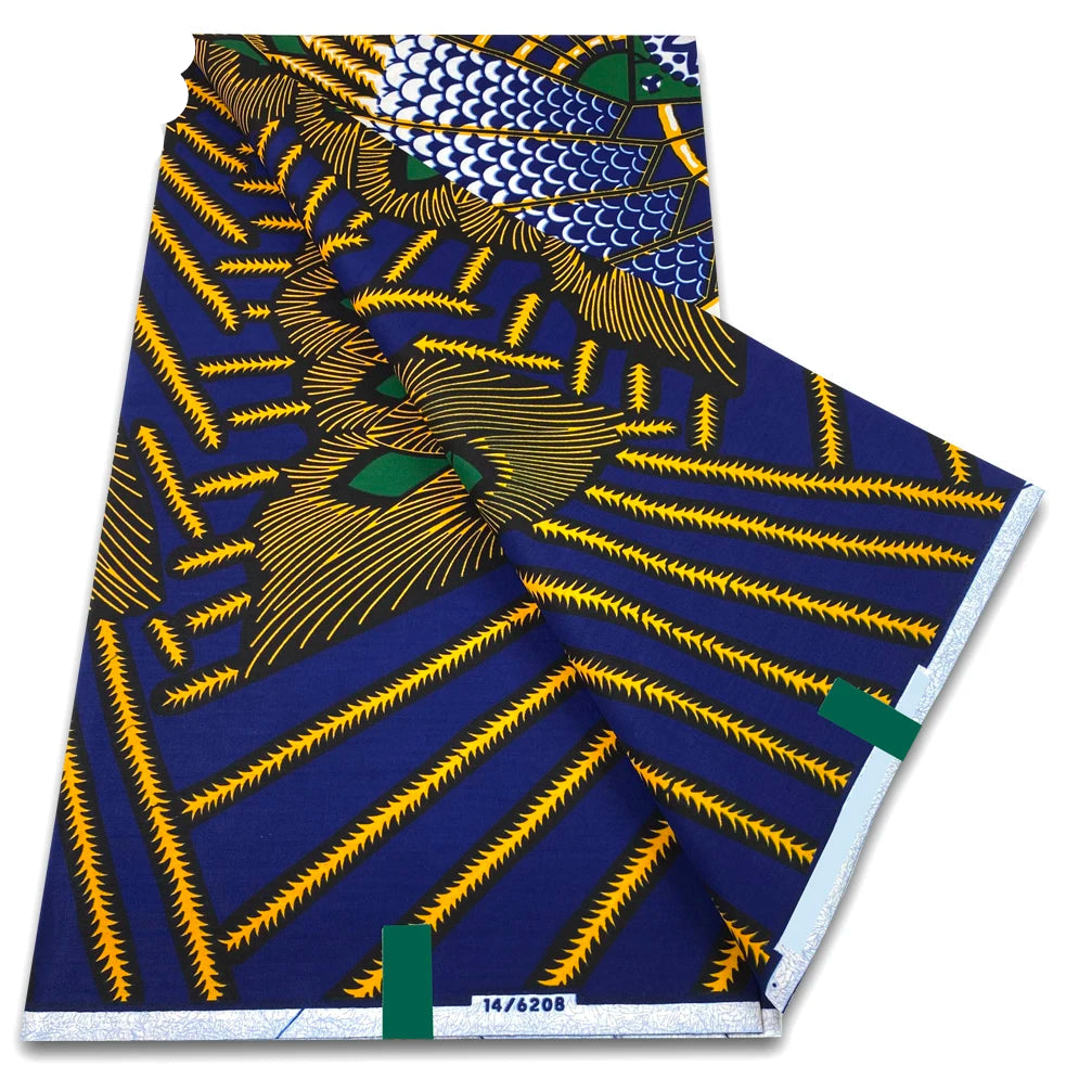 Navy Ankara wax print fabric with gold diagonal stripes and fan motif