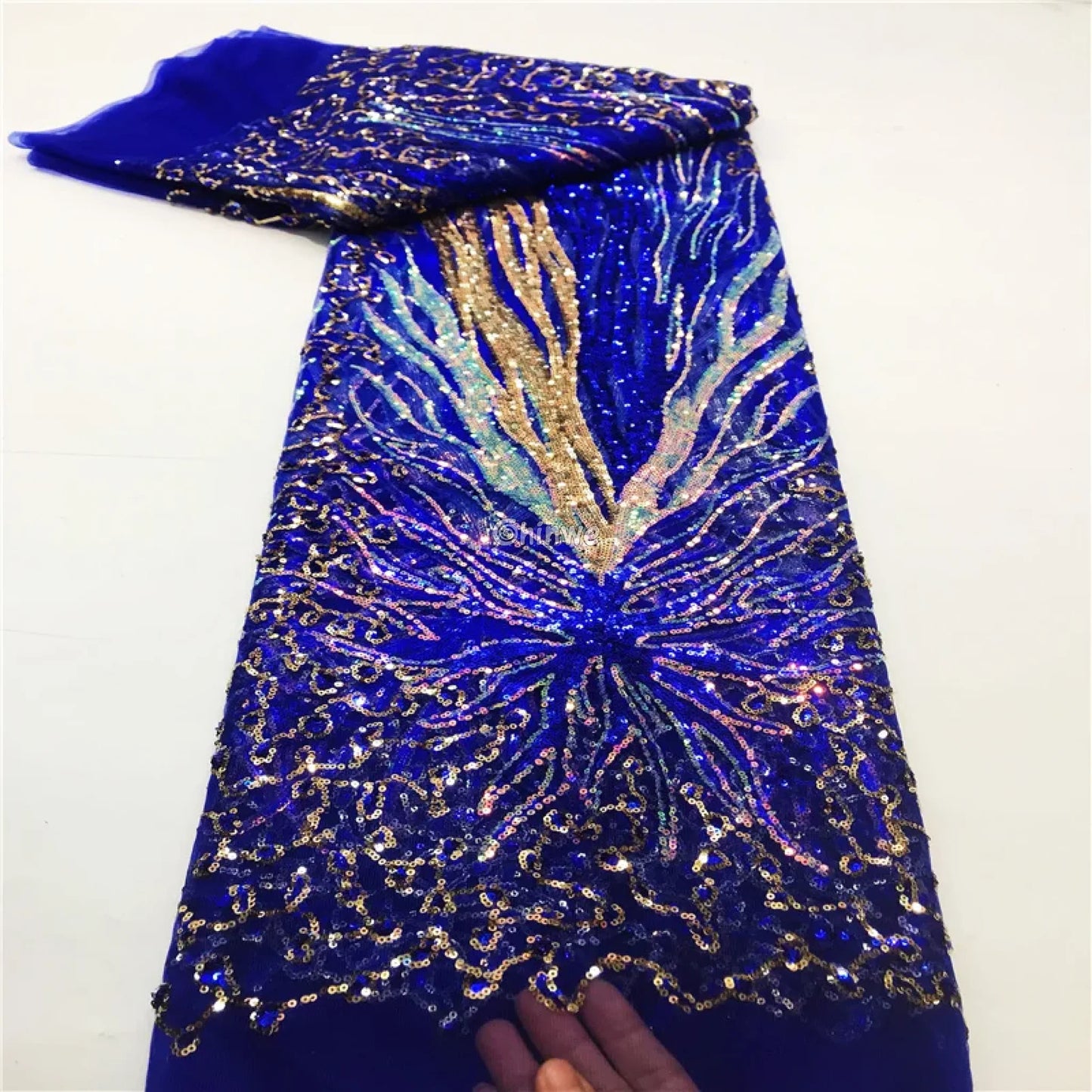 Sequined Burst Embroidered Net Lace with Radiant Flame Motif on Tulle Mesh Royal Flame / 5 Yards Lace