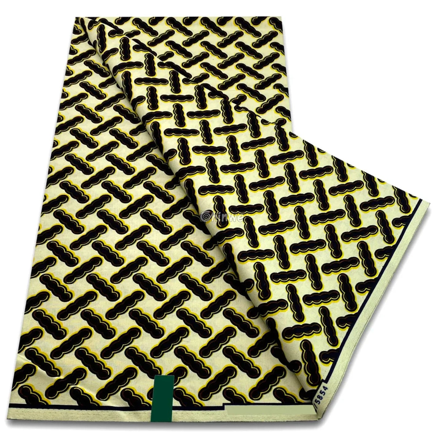 Ivory black and mustard wax print with linked dot chain motif and minimalist geometric repeat Black Mustard Chain Dot